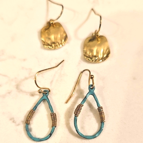Gold and Teal Dangle Earrings Set - Picture 1 of 7